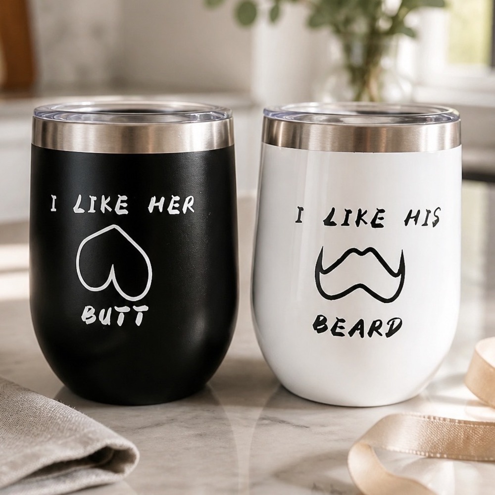 Funny Couples Wine Tumbler Set Black White 12oz With Lids His‎ Beard Her Butt